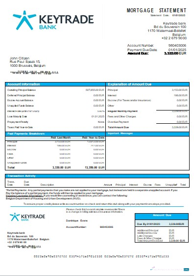 Download Belgium Keytrade bank mortgage statement scr Photoshop template